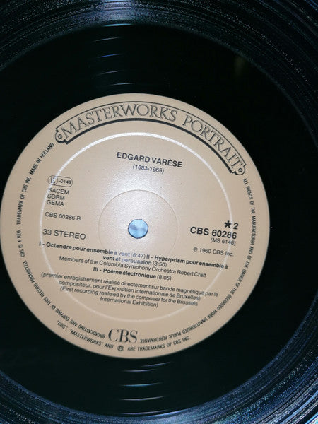 Edgard Varèse - Columbia Symphony Orchestra, Robert Craft : Density 21,5 • Hyperprism • Intégrales • Ionisation • Octandre • Poème Electronique (LP, RE)