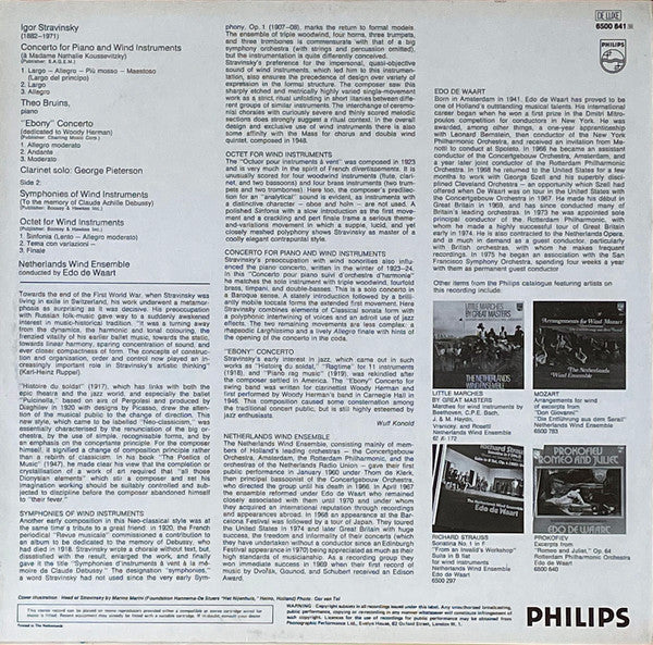 Igor Stravinsky - Theo Bruins, Nederlands Blazers Ensemble, Edo de Waart : Concerto For Piano And Wind Instruments / "Ebony" Concerto / Symphonies Of Wind Instruments / Octet For Wind Instruments (LP)