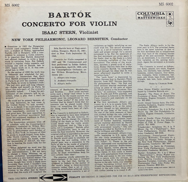 Béla Bartók, Isaac Stern, New York Philharmonic, Leonard Bernstein : Concerto For Violin (LP, Album)