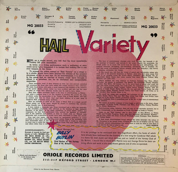 Various : The Variety Club Of Gt. Britain Presents "Hail Variety" (LP)