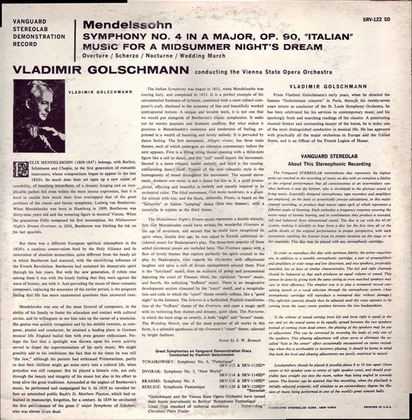 Felix Mendelssohn-Bartholdy, Vladimir Golschmann, Orchester Der Wiener Staatsoper : Symphony No. 4 In A Major Op. 90, "Italian" / Music For A Midsummer Night's Dream (LP, Promo)