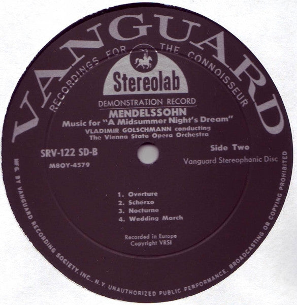 Felix Mendelssohn-Bartholdy, Vladimir Golschmann, Orchester Der Wiener Staatsoper : Symphony No. 4 In A Major Op. 90, "Italian" / Music For A Midsummer Night's Dream (LP, Promo)