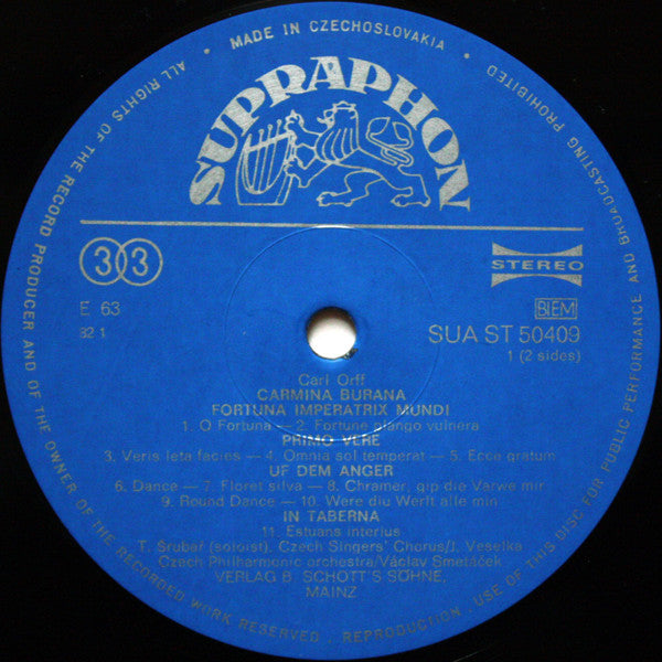 Carl Orff - The Czech Philharmonic Orchestra, Czech Philharmonic Chorus, Václav Smetáček : Carmina Burana (LP, RP)