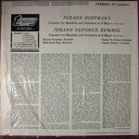 Johann Nepomuk Hummel / Johann Hoffmann : Concerto For Mandolin And Orchestra (LP, Album)