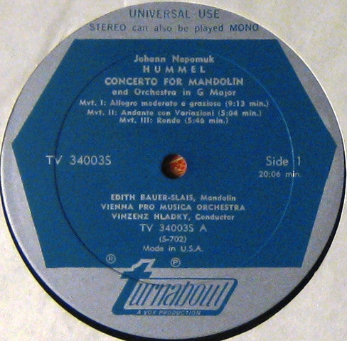 Johann Nepomuk Hummel / Johann Hoffmann : Concerto For Mandolin And Orchestra (LP, Album)