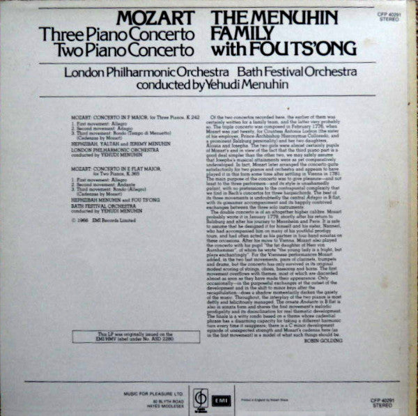 Wolfgang Amadeus Mozart, Yehudi Menuhin, Hephzibah Menuhin, Yaltah Menuhin, Jeremy Menuhin, Fou Ts'Ong, London Philharmonic Orchestra, Bath Festival Orchestra : Three Piano Concerto / Two Piano Concerto (LP, RE)