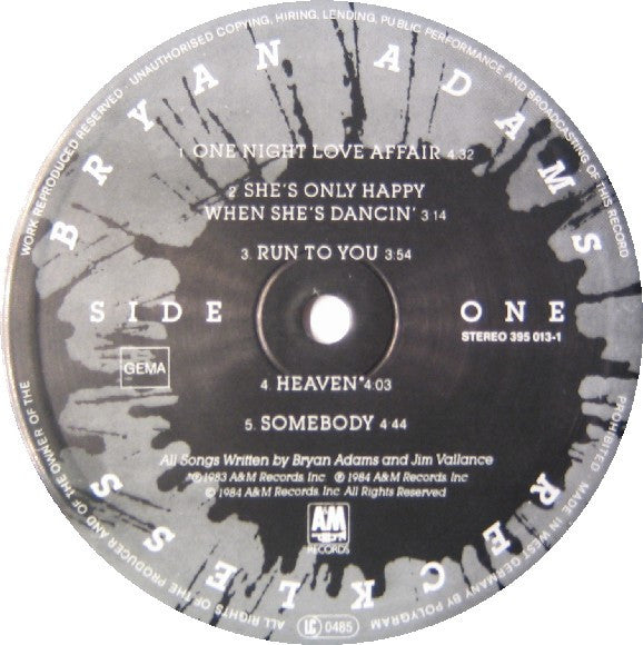 Bryan Adams : Reckless (LP, Album, RE)