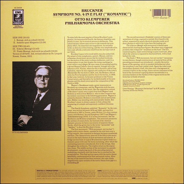 Anton Bruckner / Otto Klemperer / Philharmonia Orchestra : Symphony No. 4 In E Flat ("Romantic") (LP, Album, RE, RM)