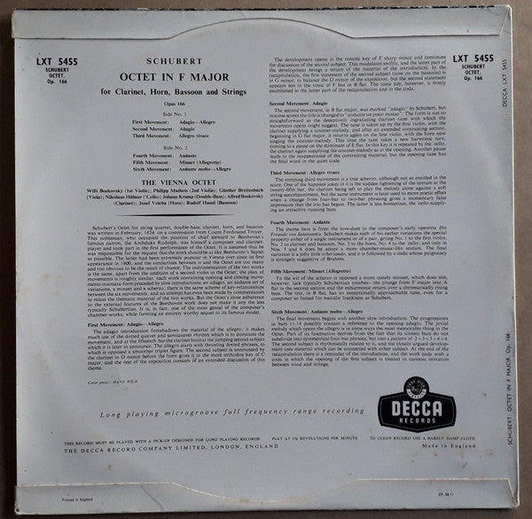 Franz Schubert, Wiener Oktett : Octet In F Major (LP, Mono)