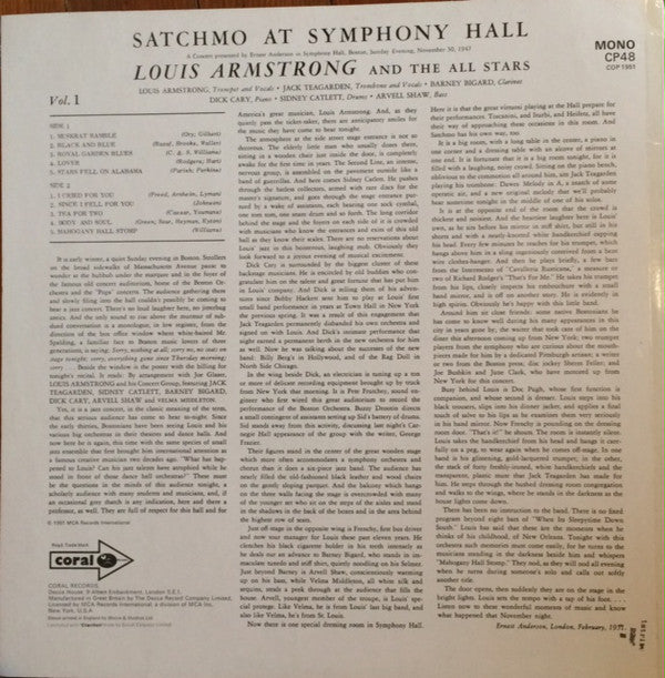 Louis Armstrong And His All-Stars : Satchmo At Symphony Hall Vol. 1 (LP, Album, Mono, RE)