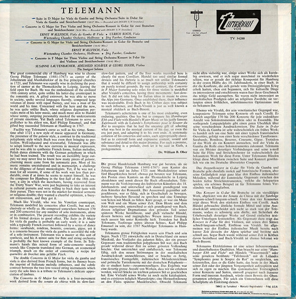 Ernst Wallfisch, Ulrich Koch, Susanne Lautenbacher, Adelheid Schäfer & Georg Egger / Georg Philipp Telemann : Suite For Viola Da Gamba / Concerti For Viola, Two Violas, Three Violins (LP, Album, RE)