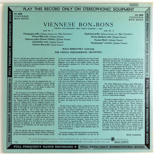 Johann Strauss Jr., Willi Boskovsky, Wiener Philharmoniker : Viennese Bon Bons (Vienna Philharmonic New Year's Concert - 1958) (LP, ffs)