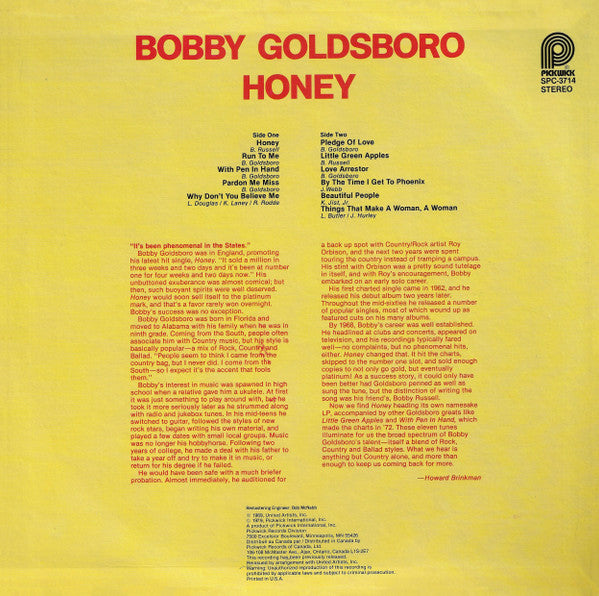 Bobby Goldsboro : Honey (LP, Album, RE)