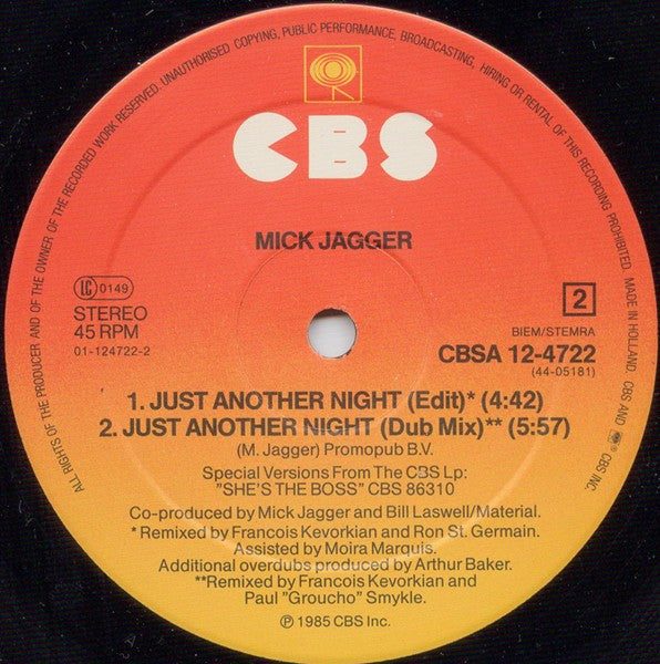 Mick Jagger : Just Another Night (Extended Remix) (12", Maxi)