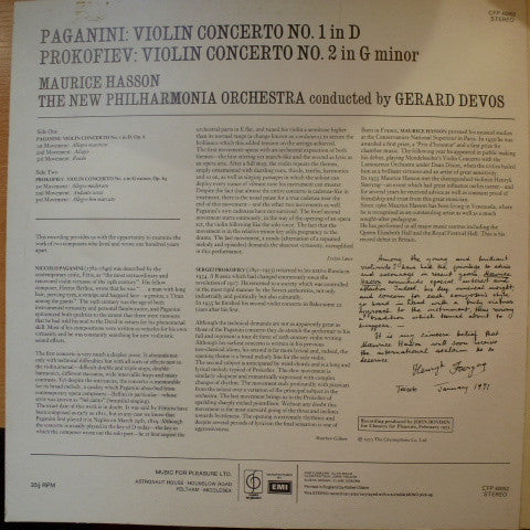 Niccolò Paganini, Sergei Prokofiev, Maurice Hasson, New Philharmonia Orchestra, Gérard Devos : Paganini Violin Concerto No.1, Prokofiev Violin Concerto No.2 (LP)