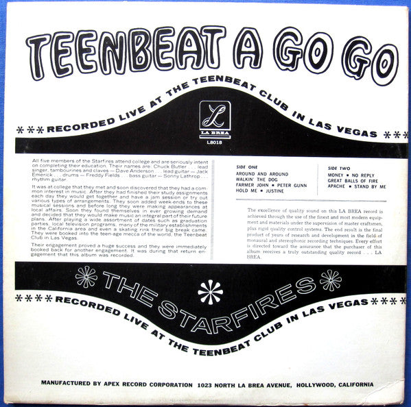 The Starfires (2) : Teenbeat A Go Go (LP, Album, Mono)