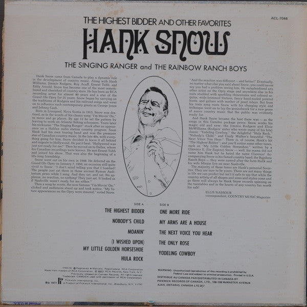 Hank Snow : The Highest Bidder And Other Favorites (LP, Comp)