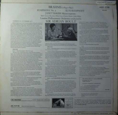 Johannes Brahms, Janet Baker And John Alldis Choir With London Philharmonic Orchestra, Sir Adrian Boult : Symphony No.2 / Alto Rhapsody (LP)