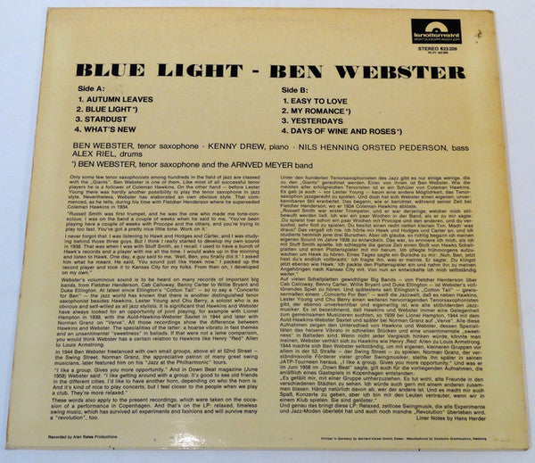 Ben Webster : Blue Light (LP, Album)