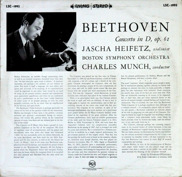 Ludwig van Beethoven, Jascha Heifetz • Charles Munch, Boston Symphony Orchestra : Violin Concerto (In D) (LP)