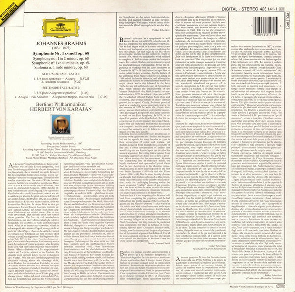 Johannes Brahms, Berliner Philharmoniker, Herbert von Karajan : Symphonie No. 1 (LP)