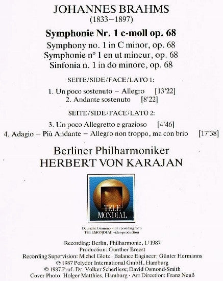 Johannes Brahms, Berliner Philharmoniker, Herbert von Karajan : Symphonie No. 1 (LP)