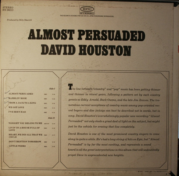 David Houston : Almost Persuaded (LP, Album, San)