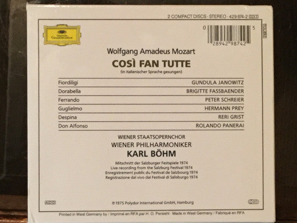 Wolfgang Amadeus Mozart - Gundula Janowitz • Brigitte Fassbaender • Reri Grist • Peter Schreier • Hermann Prey • Rolando Panerai • Wiener Staatsopernchor • Wiener Philharmoniker • Karl Böhm : Così Fan Tutte (2xCD, Album, RE, RM + Box, Sli)