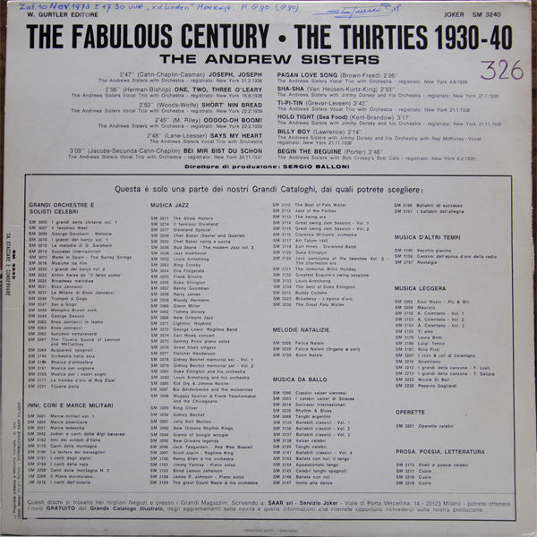 The Andrews Sisters : The Fabulous Century - The Thirties 1930-1940 (LP, Comp)