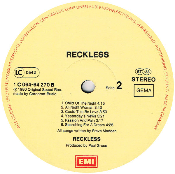 Reckless (8) : Reckless (LP, Album)