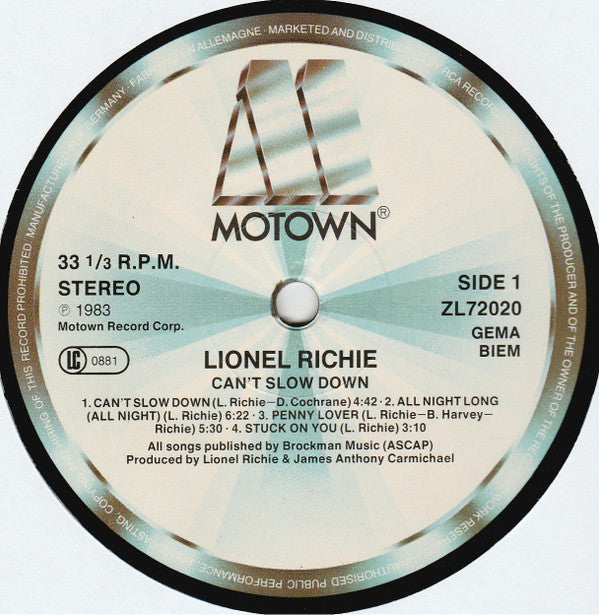 Lionel Richie : Can't Slow Down (LP, Album, RE, Gat)