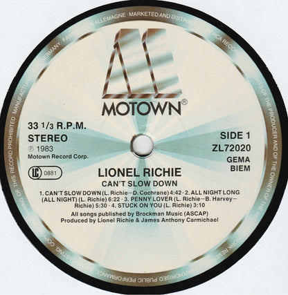 Lionel Richie : Can't Slow Down (LP, Album, RE, Gat)