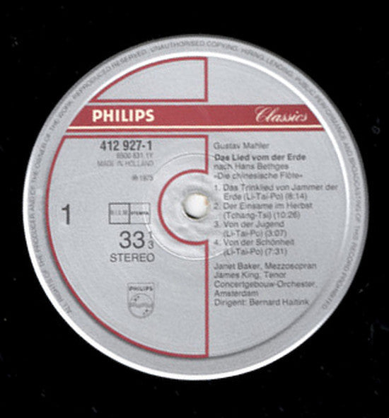 Gustav Mahler - Janet Baker / James King (3) / Concertgebouworkest / Bernard Haitink : Das Lied Von Der Erde (LP, RE)
