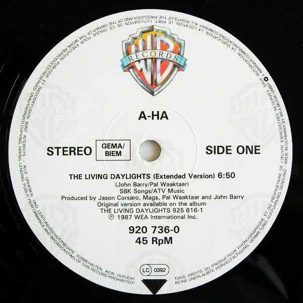 a-ha : The Living Daylights (Extended Mix) (12", Maxi)