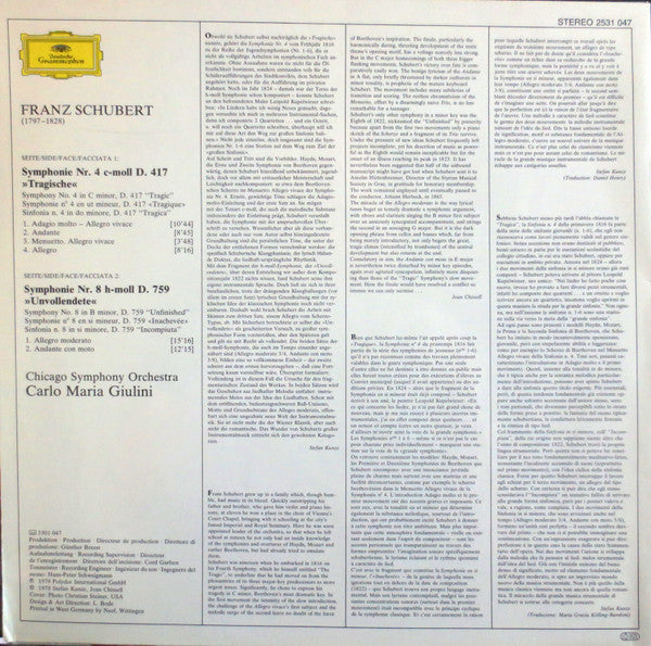 Franz Schubert - Chicago Symphony Orchestra • Carlo Maria Giulini : Symphonien No.8 »Unvollendete« • »Unfinished«, No.4 »Tragische« • »Tragic« (LP)