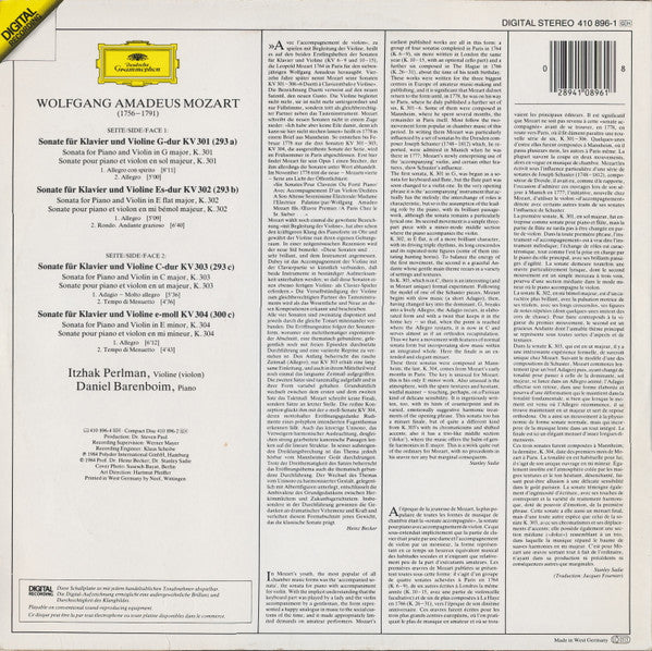 Wolfgang Amadeus Mozart, Itzhak Perlman, Daniel Barenboim : Violin Sonatas K. 301 302 303 304 (LP)