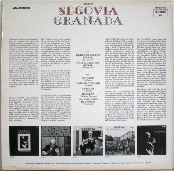 Andrés Segovia : Granada (LP, Album, RE)