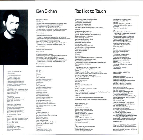 Ben Sidran : Too Hot To Touch (LP, Album)