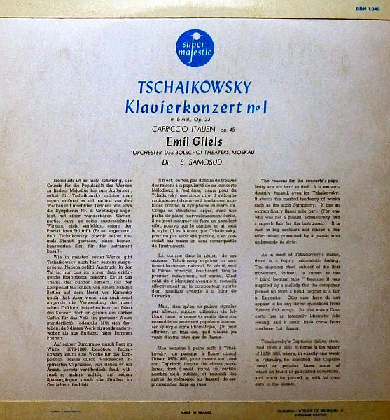 Pyotr Ilyich Tchaikovsky, Emil Gilels, Bolshoi Theatre Orchestra Dir.: Samuel Samosud : Tschaikowsky Klavierkonzert N° 1 (LP, Album)