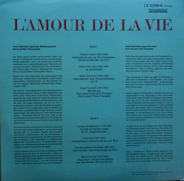 Arthur Rubinstein : L'Amour De La Vie (LP, Album, Comp, Gat)