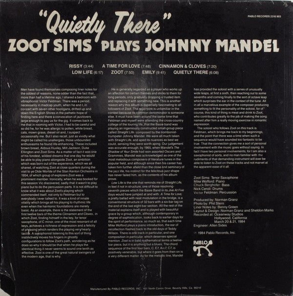 Zoot Sims : Plays Johnny Mandel Quietly There (LP, Album)