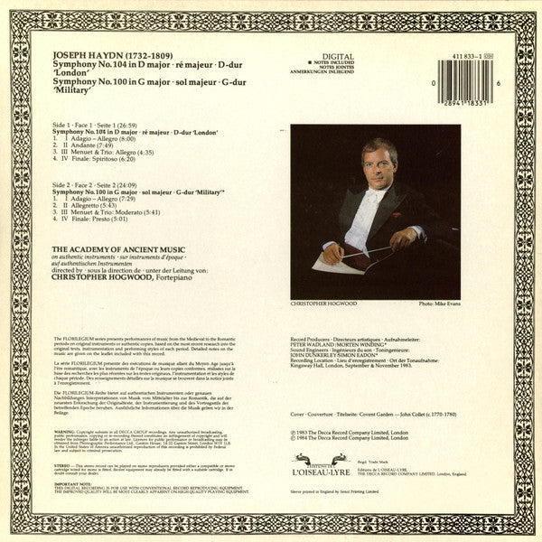 Joseph Haydn / The Academy Of Ancient Music, Christopher Hogwood : Symphony No. 104 "London", Symphony No. 100 "Military" (LP)