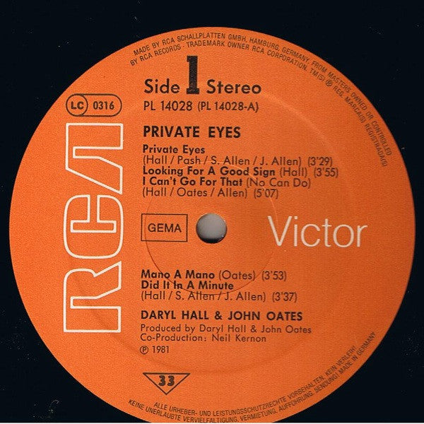 Daryl Hall & John Oates : Private Eyes (LP, Album, Ora)