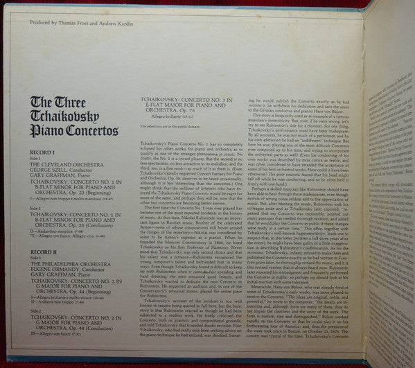 Gary Graffman ♦ Eugene Ormandy ♦ George Szell, The Philadelphia Orchestra ♦ The Cleveland Orchestra - Pyotr Ilyich Tchaikovsky : The Three Tchaikovsky Piano Concertos (2xLP, Comp, Pit)
