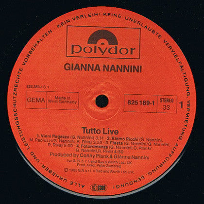 Gianna Nannini & The Primadonnas : Tutto Live (2xLP, Album)