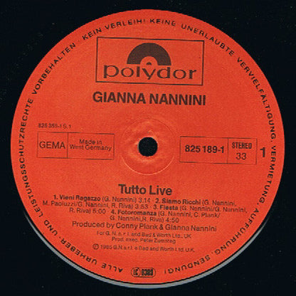 Gianna Nannini & The Primadonnas : Tutto Live (2xLP, Album)