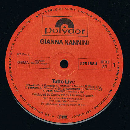 Gianna Nannini & The Primadonnas : Tutto Live (2xLP, Album)