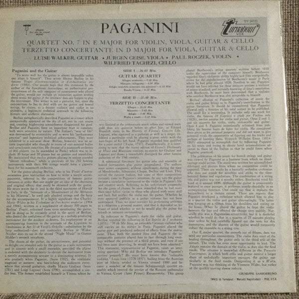 Niccolò Paganini, Luise Walker : Quartet For Guitar, Violin, Viola & Cello / Terzetto Conceretante For Guitar, Viola & Cello (LP, Album)