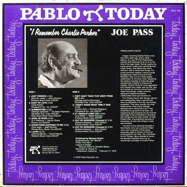 Joe Pass : I Remember Charlie Parker (LP, Album)