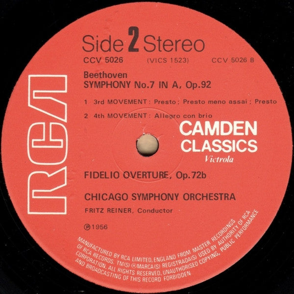Ludwig Van Beethoven, Chicago Symphony Orchestra, Fritz Reiner : Symphony No. 7 In A / Fidelio Overture (LP, RE)